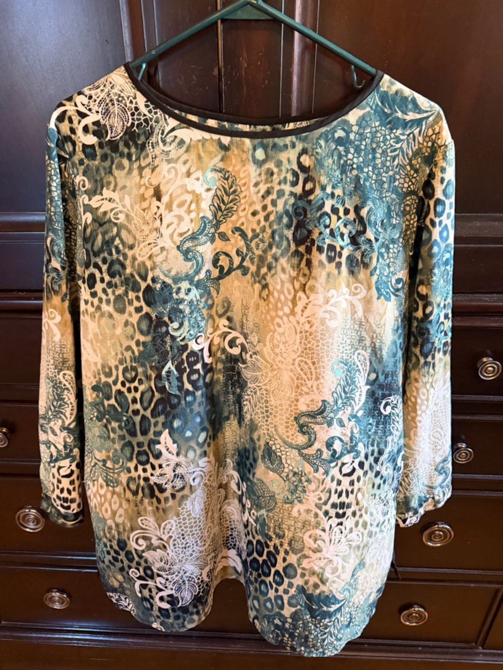 Chico's Teal, Cream, Brown Printed Long Sleeve Blouse
